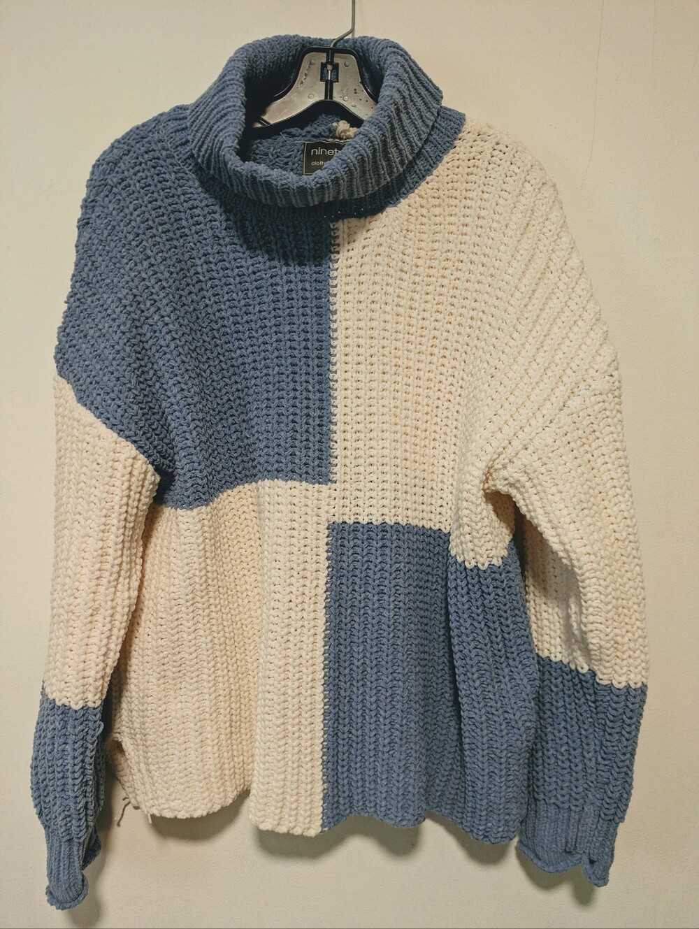 Ninety Blue and Cream Colorblock Turtleneck Sweater